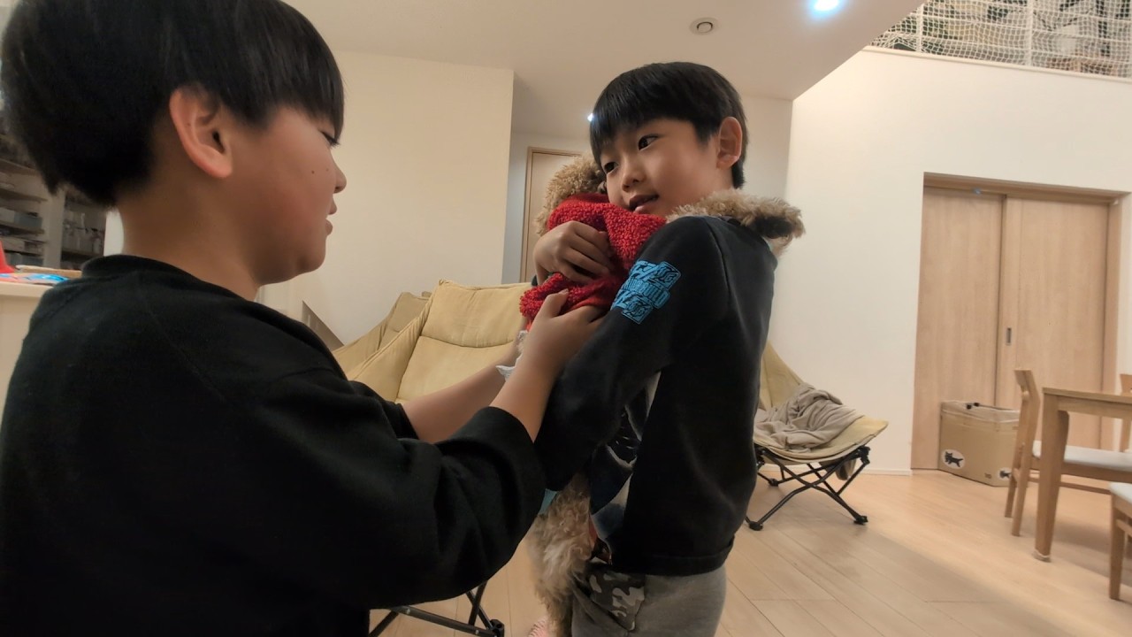 寝る前にブーちゃんに遊んでもらう三兄弟　ブーちゃんのパジャマ姿　#2275