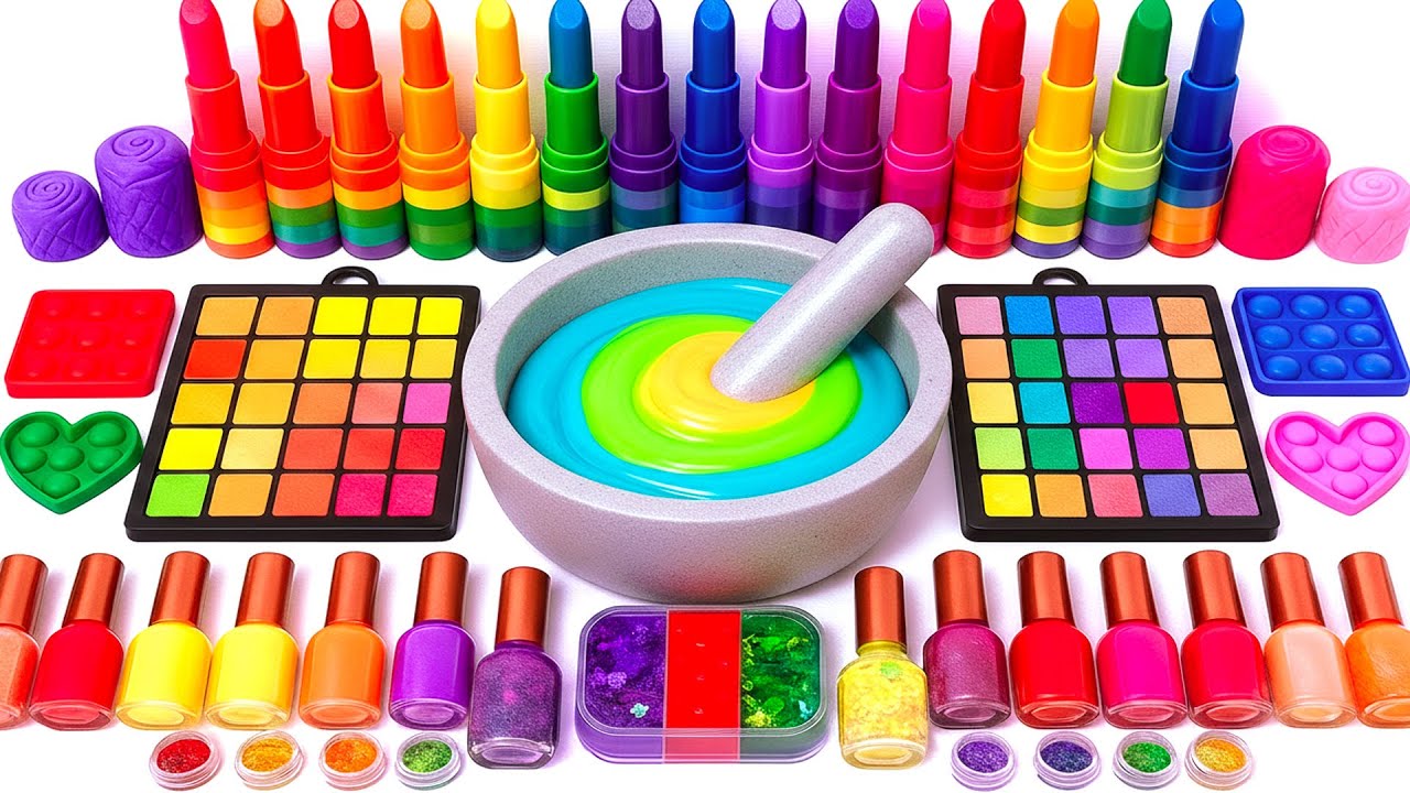 ASMR Slime Video 🌈 DIY Rainbow Slime with Makeup, Eyeshadow, Skincare, and Glitter