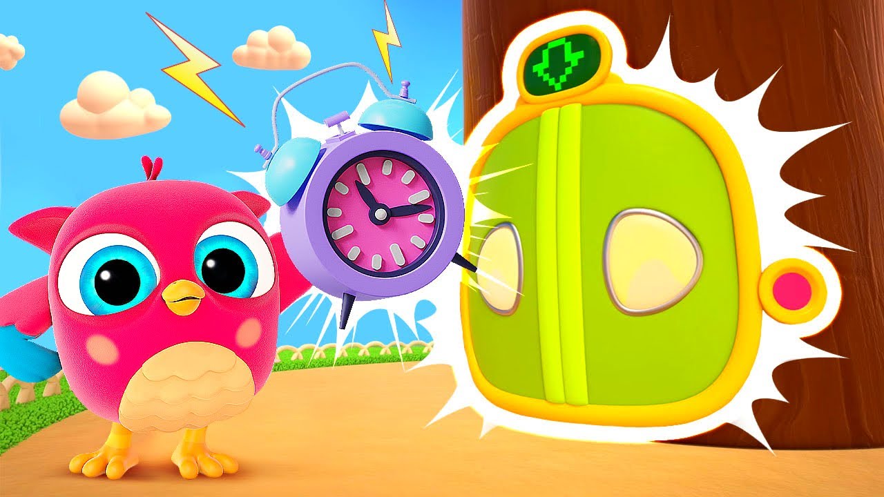 Hop Hop the owl teaches Peck Peck the woodpecker how to use the elevator carefully.