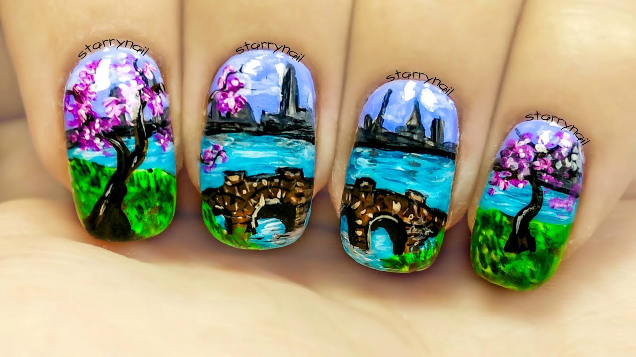 City Landscape & Cherry Trees [Freehand Nail Art]