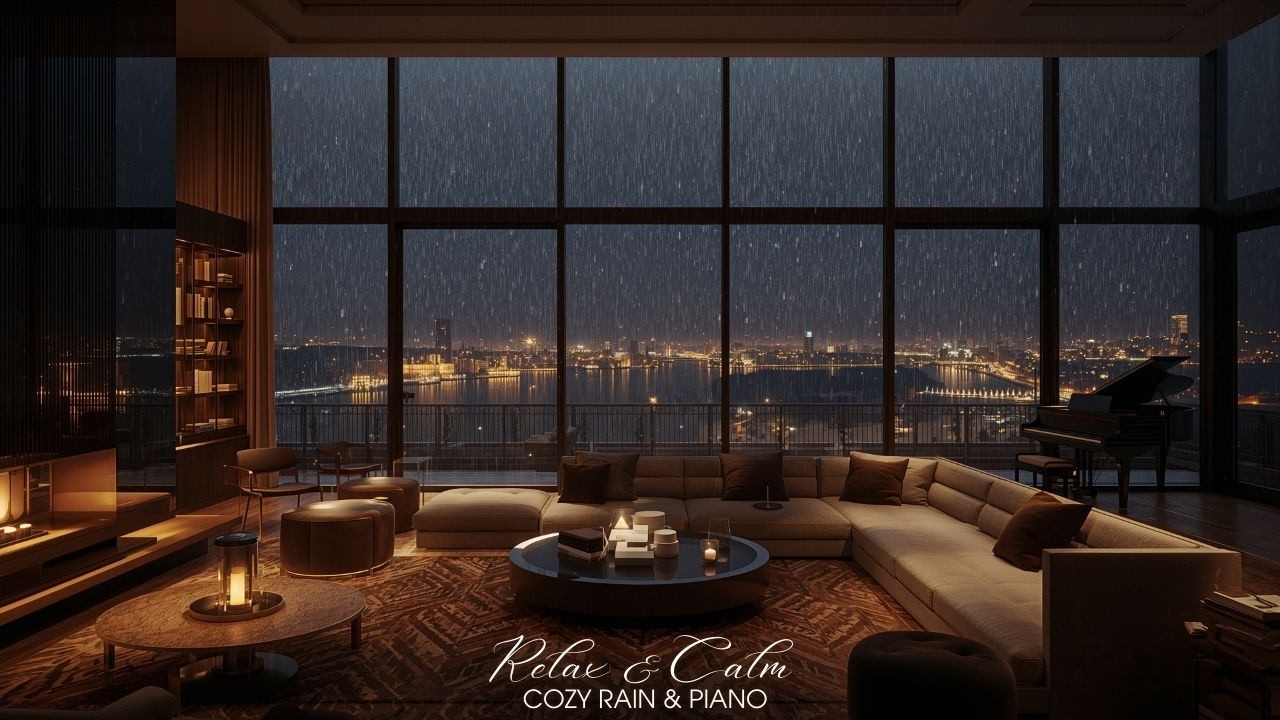 Luxury Penthouse Rain & Soft Piano 🌧️🎹 | Fireplace, River Skyline Night | Deep Sleep 24/7