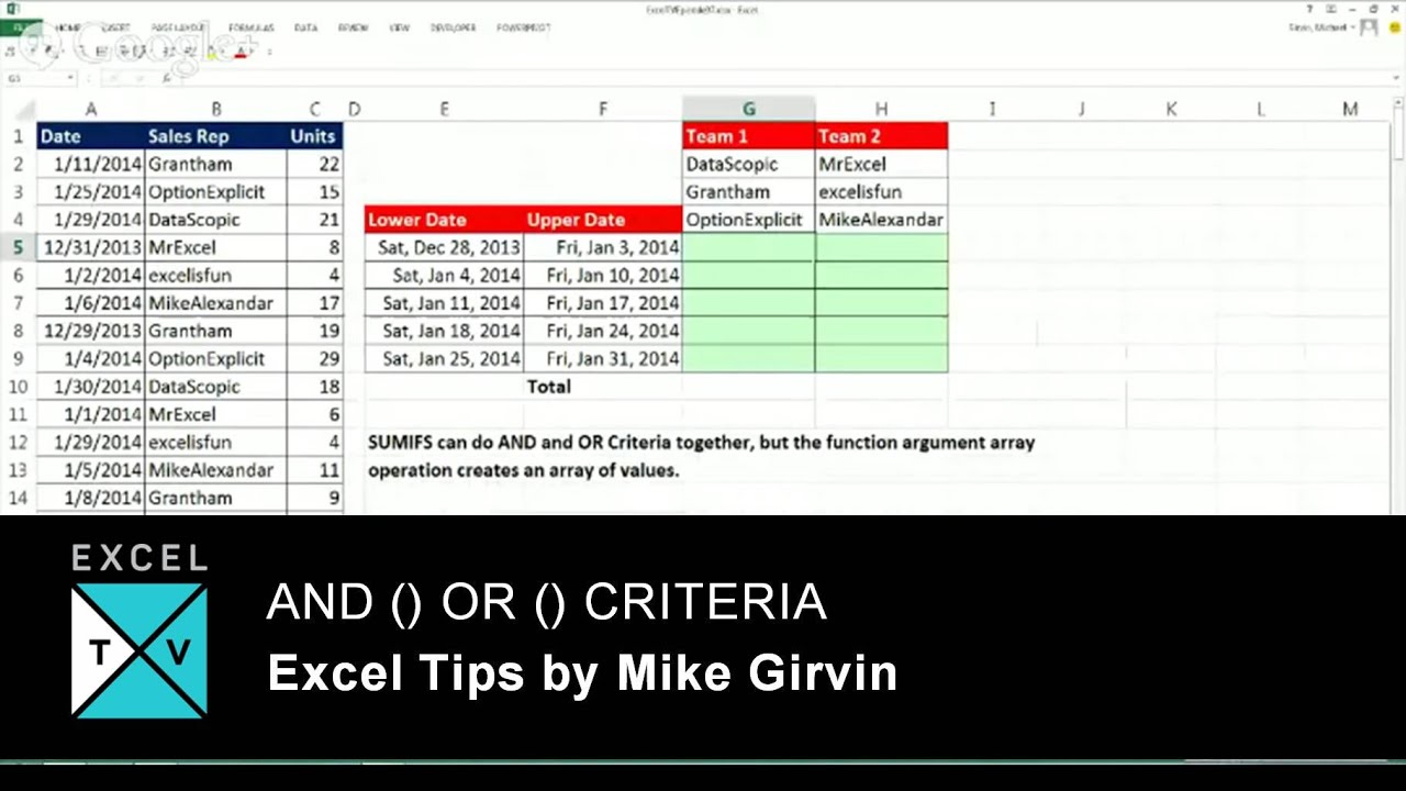 And Or Criteria - Excel Functions with Mike Girvin - ExcelIsFun