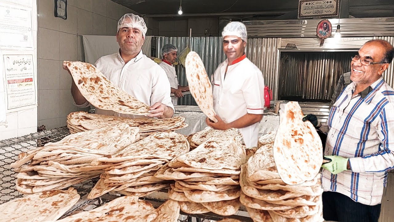 Baking lavash bread in an Iranian bakery city: baking lavash bread