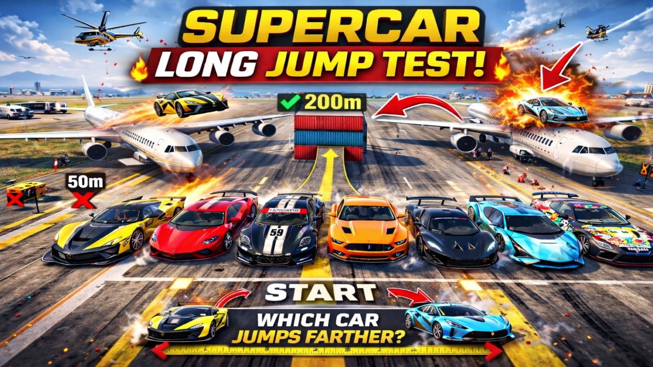 🚗💥 Supercar Long Jump Test! 200m Ramp Challenge – Epic Crash & Distance Record