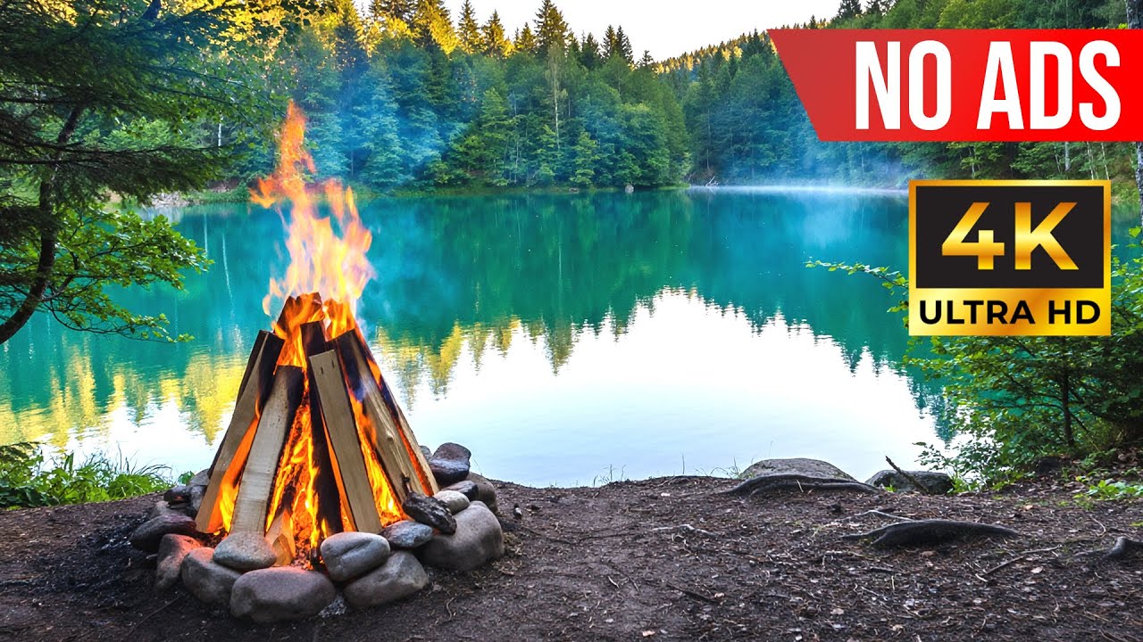 Relaxing Campfire by the Lake 🔥 6 Hours Nature Sounds | Birds, Fire Crackling (NO ADS, 4K)