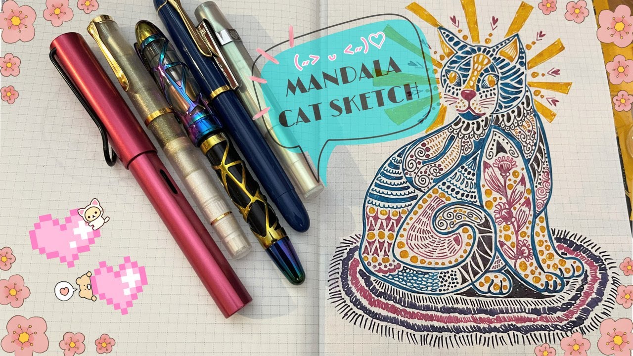 KAWAII CUTE CAT MANDALA SKETCH WITH FOUNTAIN PENS #mandalaart #colorful #drawing
