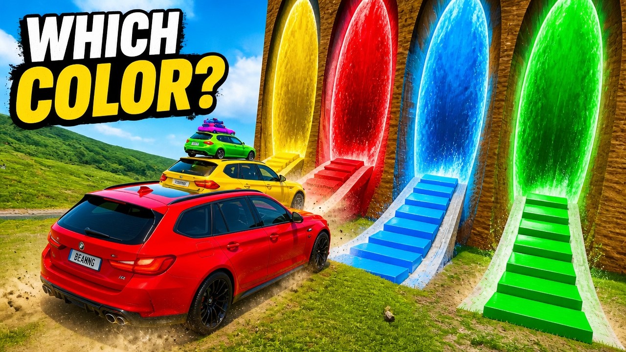 Big&Small Cars vs Slide Color and Stair Color with Portal Trap - BeamNG.Drive