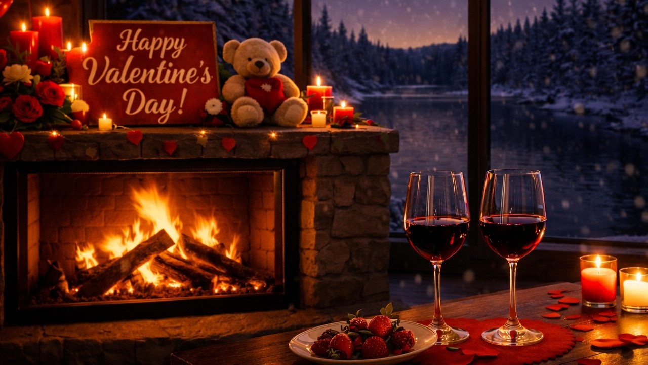 Rain Sounds & Cozy Fireplace 4K 🔥 Romantic Winter Cabin Ambience for Sleep | Valentine’s Night