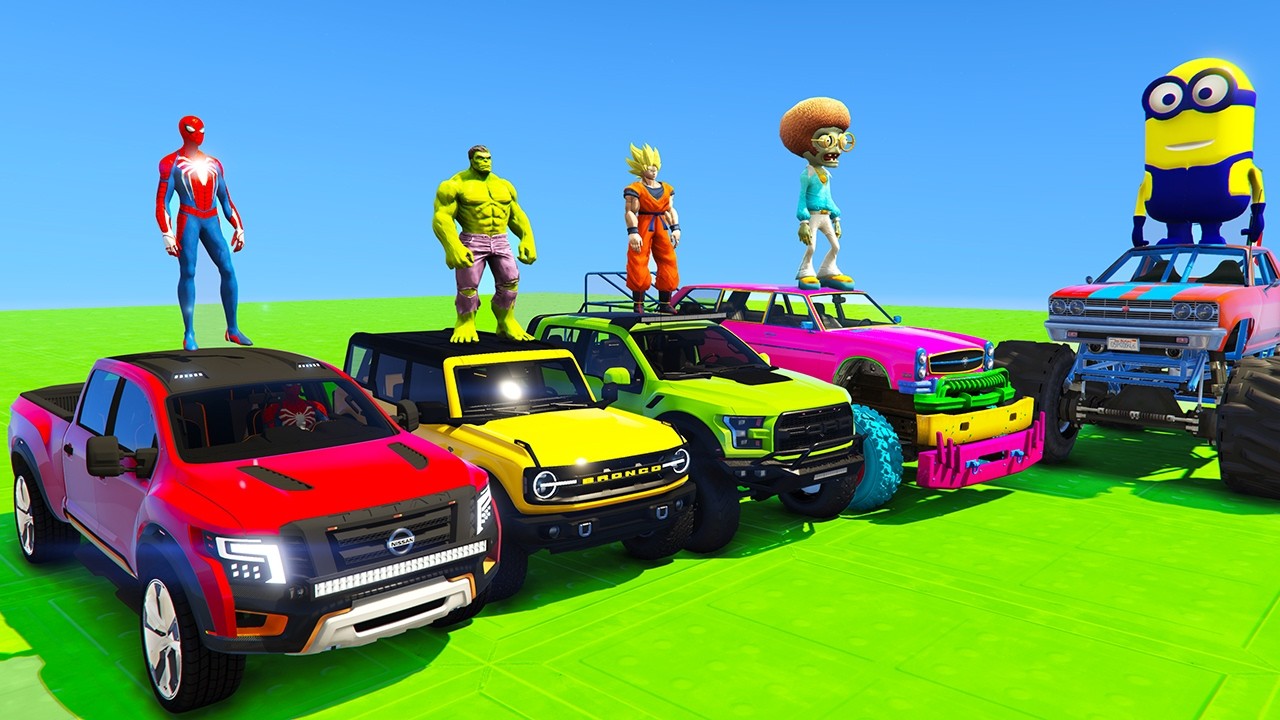 SPIDERMAN Cars Monster Trucks MEGA Ramp JUMP Challenge | Superheroes Hulk VILLAIN Save Race - GTA V