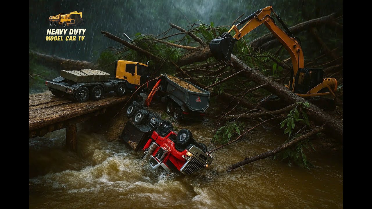 "Miniature Truck Crash Scene on a Narrow Bridge – Heavy Duty RC Simulation"