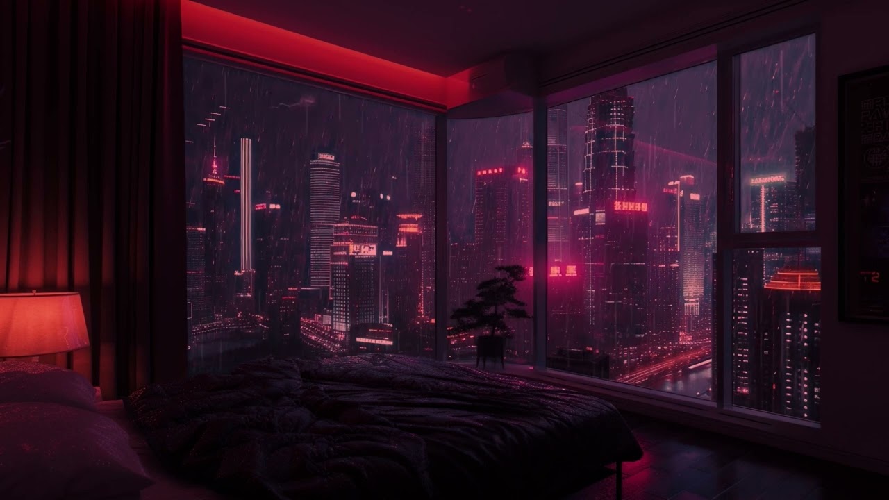 TechnoTopia | Calm Red Room City Lights View | Relaxing Soothing Background Rain Sounds | 1 Hour