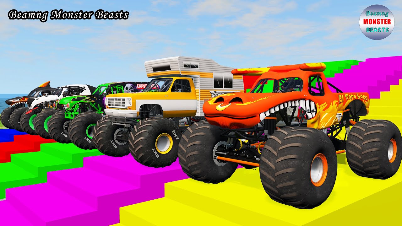 Monster Truck Transport on Triple Flatbed Trailer – BeamNG Monster Beasts #241