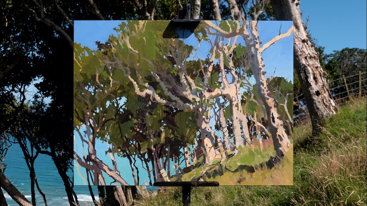 Plein Air Oil Painting New Zealand: Sunny Kohekohe Trees & Pacific Ocean View
