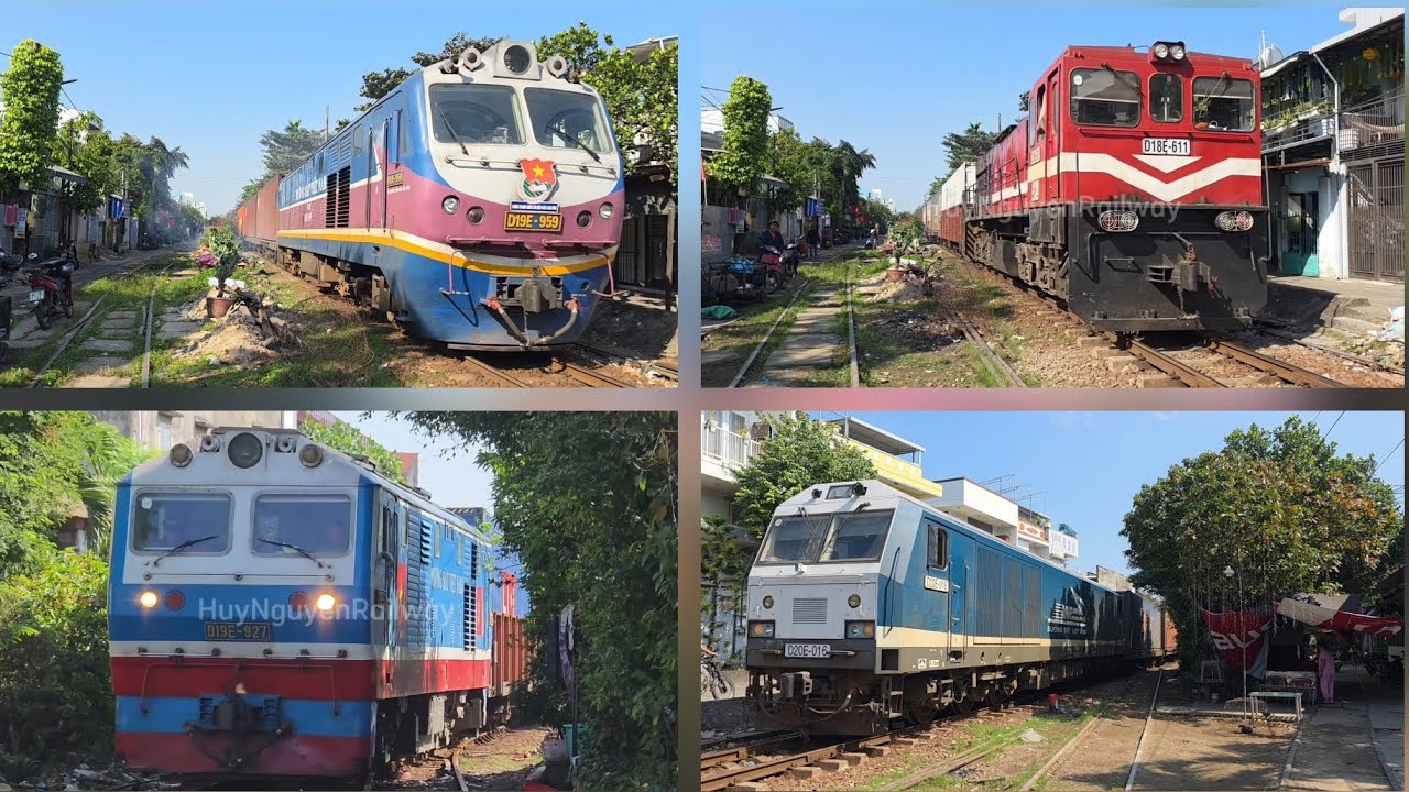 D19E-959 & D19E-927 AH2 , D18E-611 & D20E-016 HH5 - hai chuyến tàu hàng vào ga và rời ga Đà Nẵng