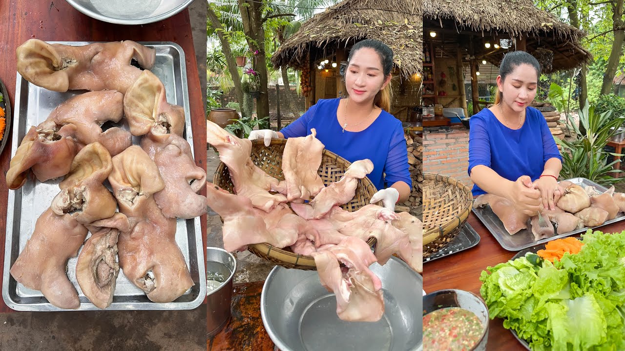 Pregnant mum cook pig ears for 2 recipes, crispy and grilling cooking - Cooking with sros