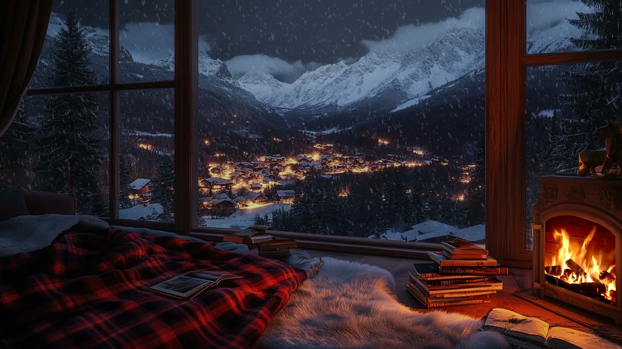 Cozy Winter Retreat: Relax by the Crackling Fireplace with Snowfall Outside &ndash; Perfect Ambience