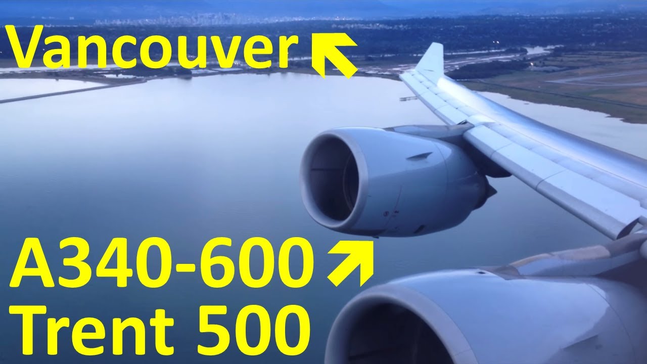 Stunning evening takeoff in a Lufthansa Airbus A340-600 out of Vancouver YVR heading to MUC