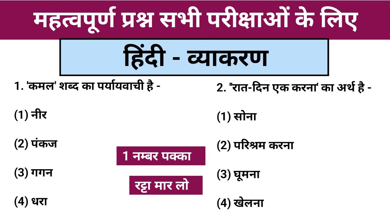 हिंदी व्याकरण सामान्य ज्ञान | शिक्षक भर्ती एवं C-TET, CG-TET के लिए महत्वपूर्ण | Question answer