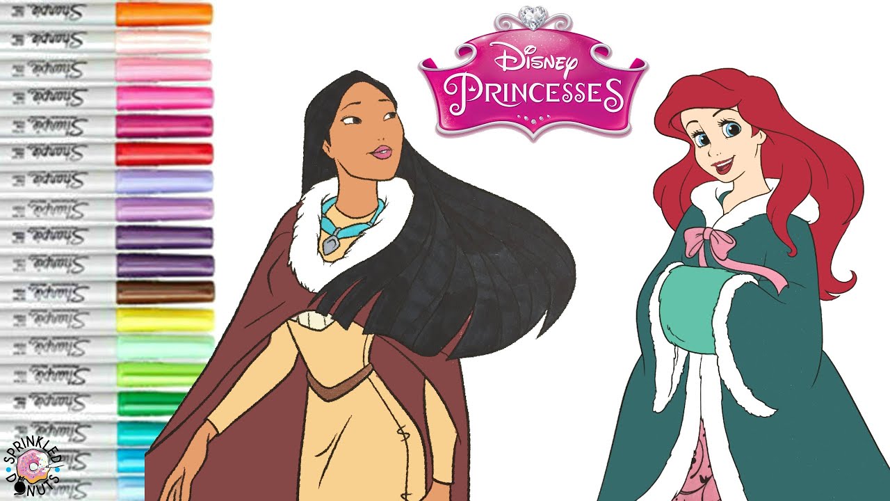 Disney Princess Coloring Book Pages Winter Outfit Ariel Pocahontas and Snow White
