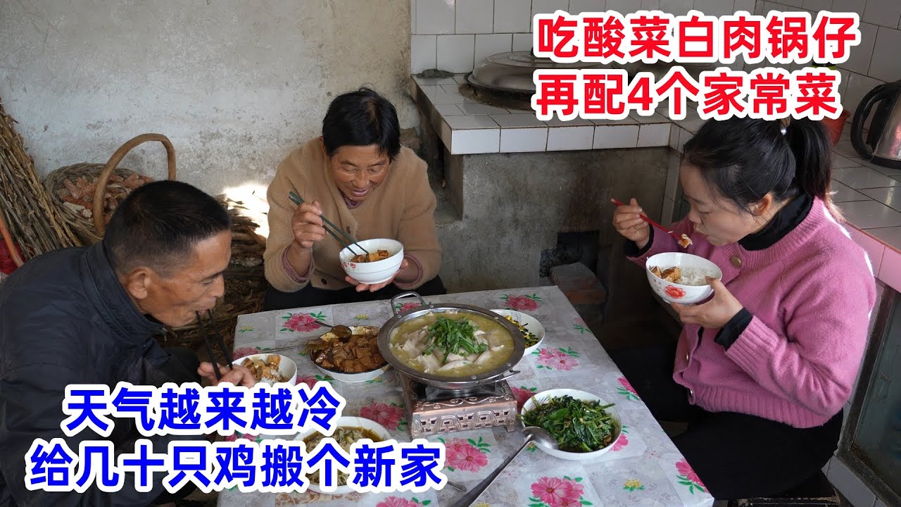 天气变冷，公婆给几十只鸡搬个“新家”，午饭吃酸菜白肉锅仔，再配4道家常菜 | Boiled white pork with sauerkraut