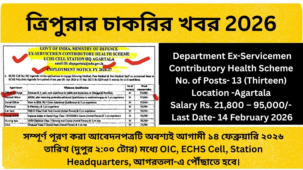 🔥Good News🔥 | ECHS Agartala Recruitment 2026,Officer, DEO, Peon & More | Tripura Jobs 2026 | 40+post