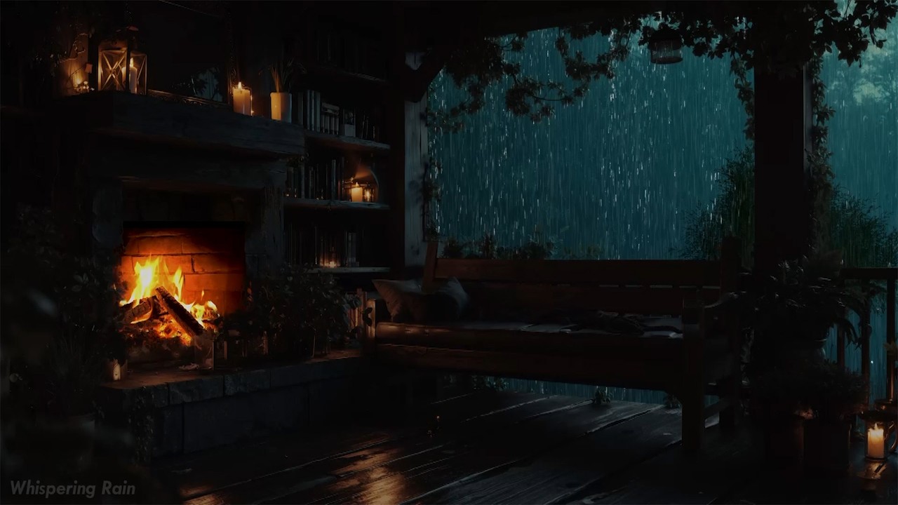 Gentle Rain, Thunder & Fire Glow  🌧️ Forest Wooden Balcony | Dark Cozy Bedroom for Deep Sleep