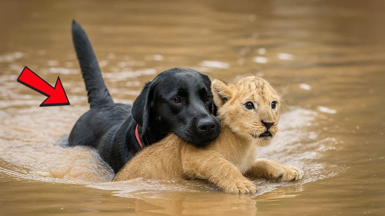 UN CHIEN SAUVE UN LIONCEAU QUI ÉTAIT EN TRAIN DE SE NOYER,PUIS QUELQUE CHOSE D'INCROYABLE SE PRODUIT