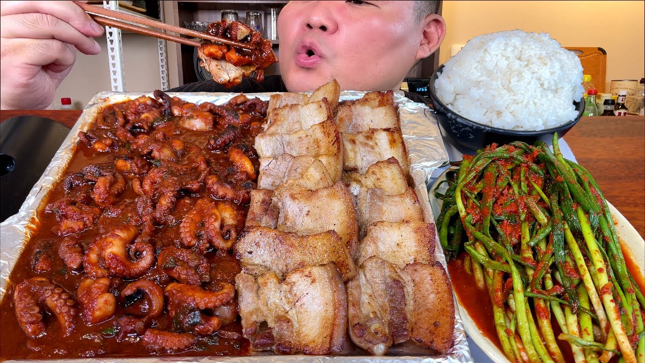 진짜 쭈!삼! 매운 쭈꾸미 + 오겹살 + 파김치 + 쌀밥 볶음밥까지 MUKBANG