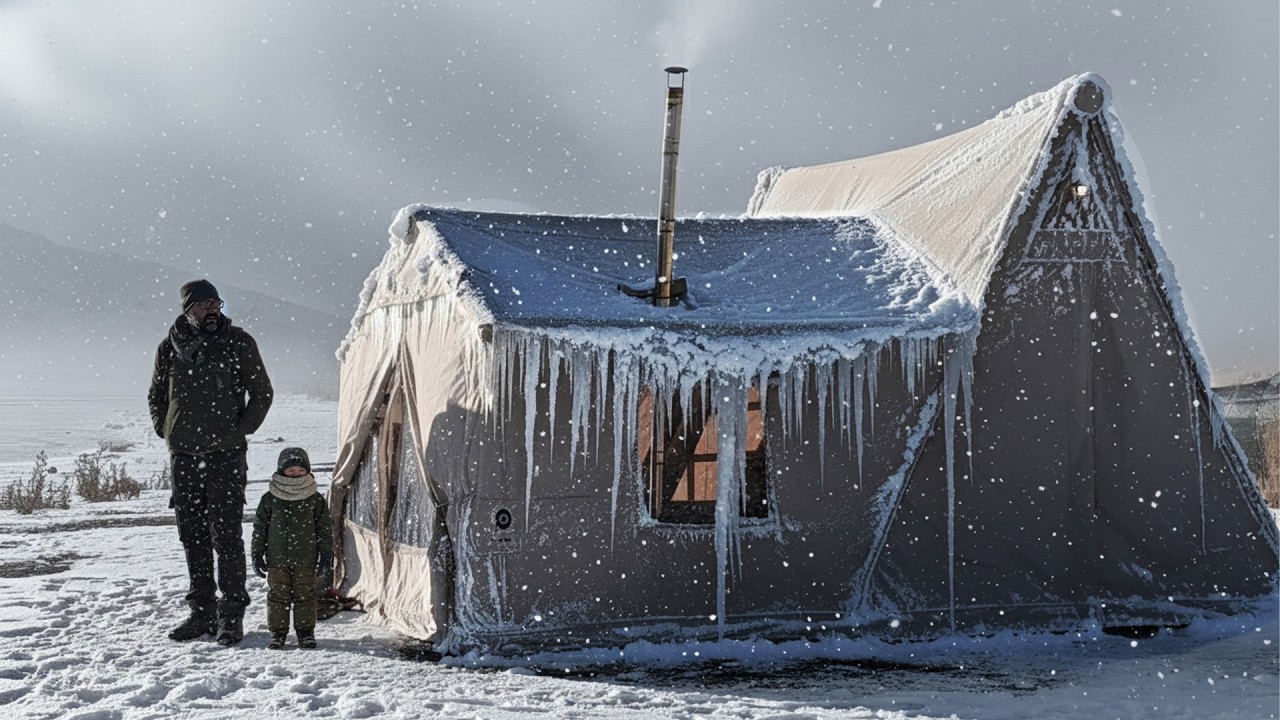 CAMPING BY A FROZEN LAKE WITH OUR AIR TENT