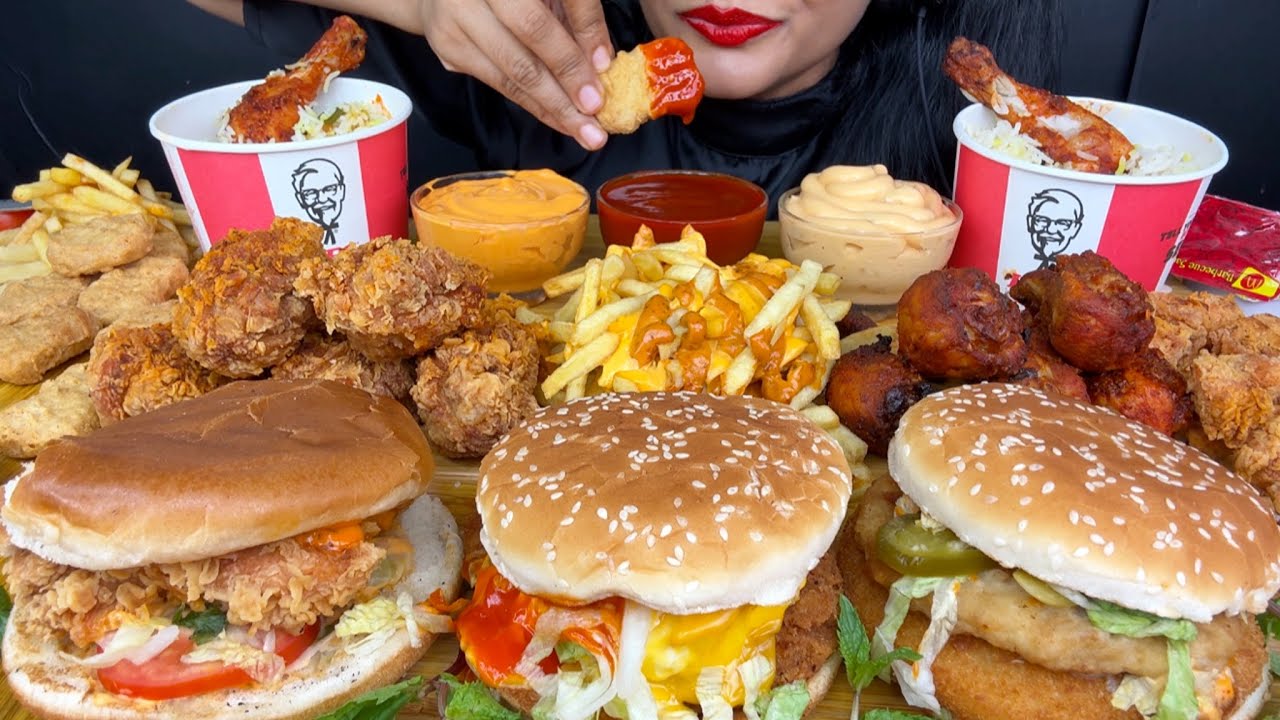 ASMR KFC FRIED CHICKEN,MCDONALDS BURGER,CHICKEN LEGPIECE PIECE,GRILLED CHICKEN,NUGGETS,BIRYANI
