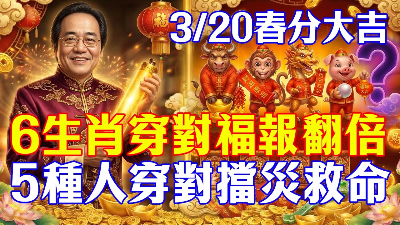 倪海廈：3月20日春分大吉！這6生肖穿這色喜迎橫財，5種人這樣穿福報翻倍、病灶全消！一年一度的轉運機會#倪海廈#黃帝內經#養生#國學#易經#春節#開運#招財#中醫#穿衣風水#2026運勢#風水聚財閣