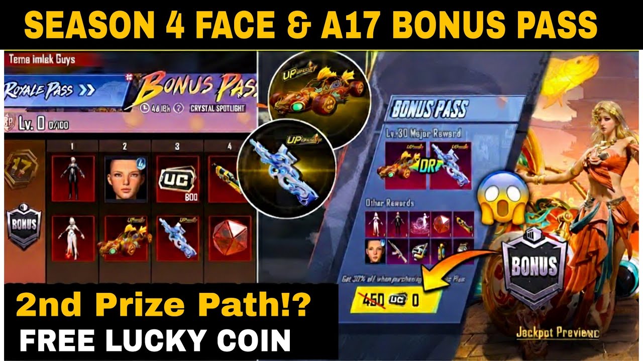 😱 New Prize Path & Free Lucky Coins | P90 Upgradable & A17 Bonus Pass & Season 4 Face ? | PUBGM