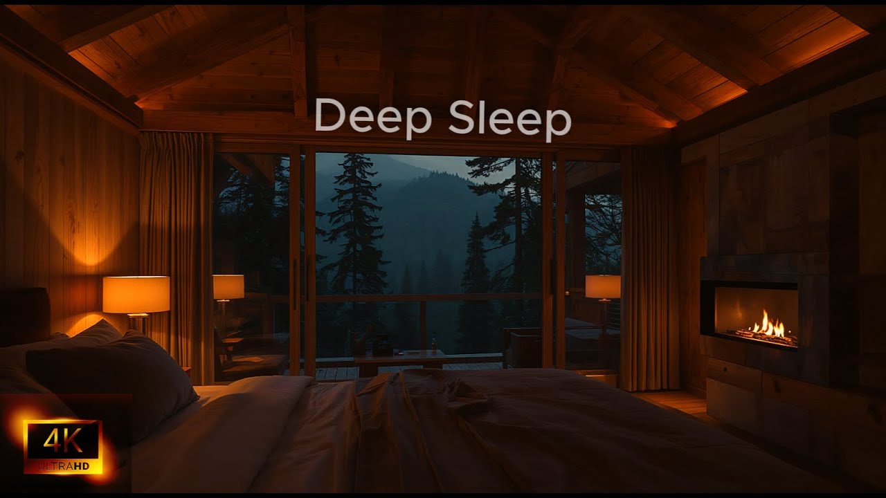 Rain & Fireplace | Mountain Cabin at Night | 8 Hours