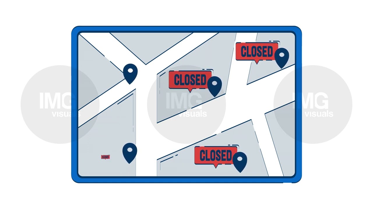 Closed locations on digital map 2D object doodle animation