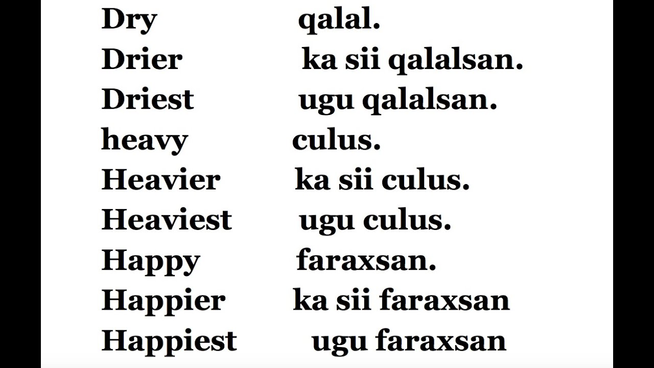 ADJECTIVE, COMPARATIVE AND SUPERLATIVE -- ENGLISH, SOMALI WORDS & SENTENCES