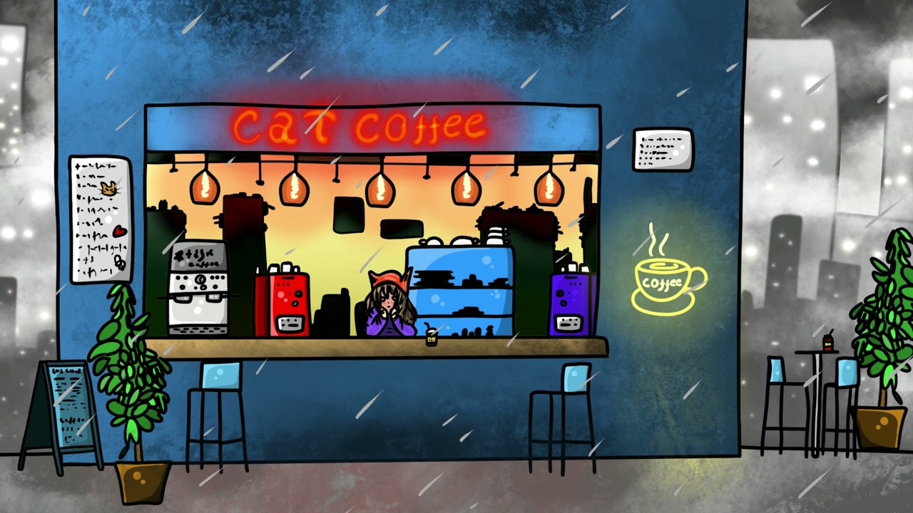 Pay a visit to Katy in her cat cafe ☕ and stay a while  Calm music and rain 🌧️ sound to relax to!
