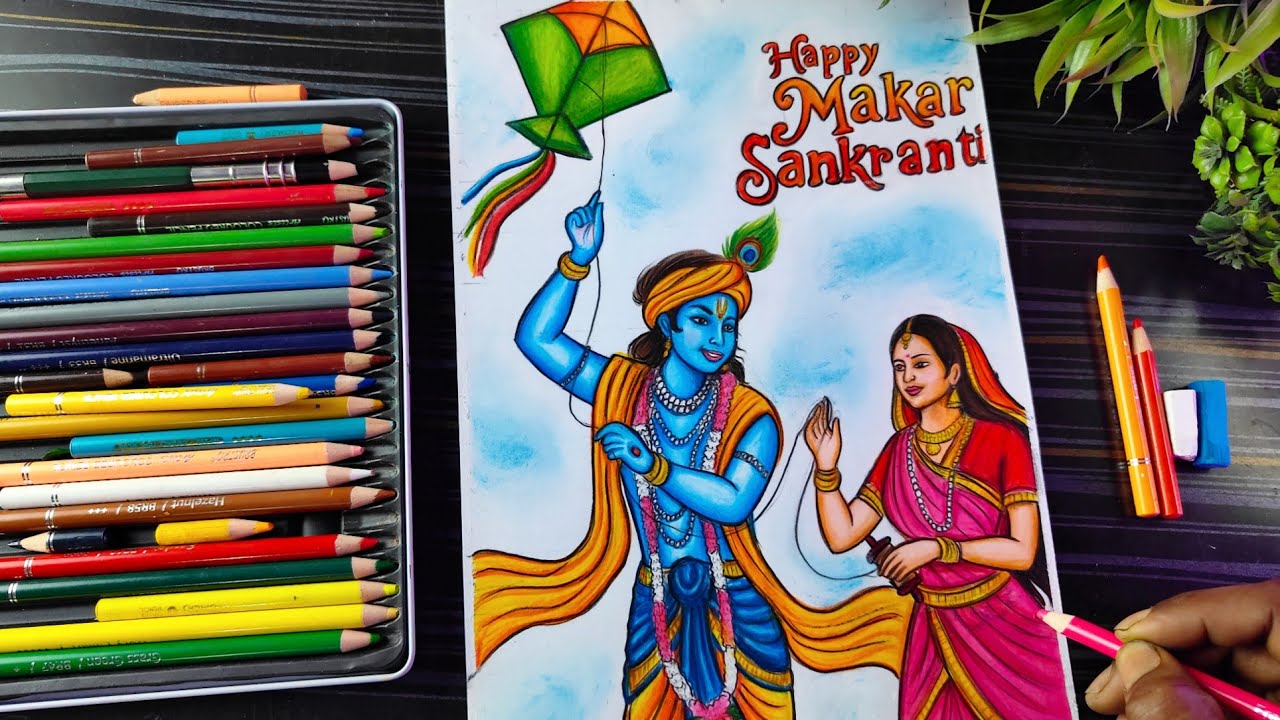Happy Makar Sankranti Drawing🪁,How To Draw Makar Sankranti with Radha Krishna, Kite Festival Drawing
