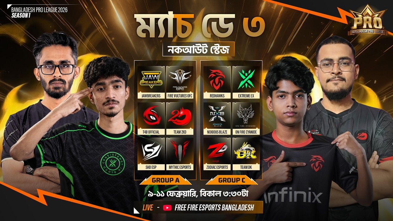 [🔴LIVE] FFBPL2026 নকআউট  স্টেজ ডে ৩ | Garena Free Fire @Blade_On_Top @Flickerz7@JB.FREAK22