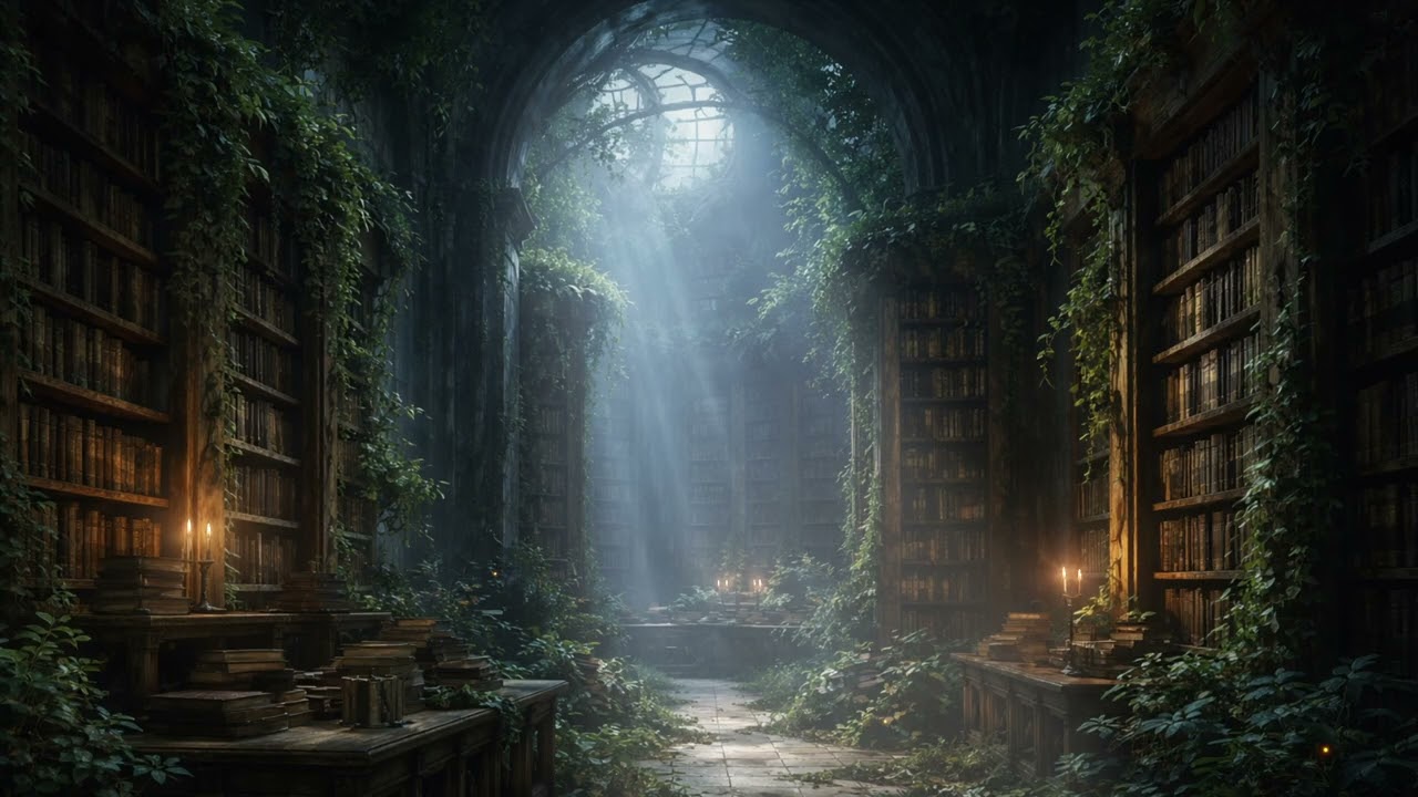 An Ancient Library Hidden in Overgrown Foliage, Mysterious and Magical, while you Work or Read.