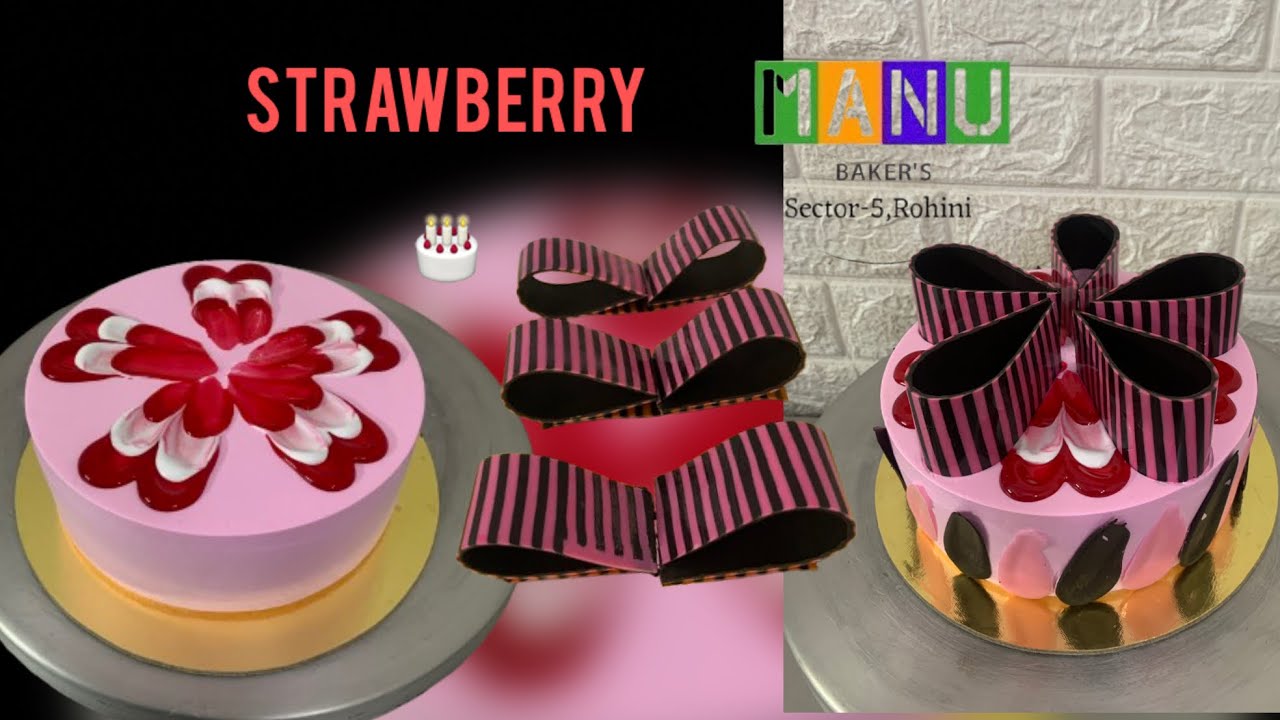 Strawberry Bliss Cake | Elegant Design with Chocolate Ribbon | Manu Bakers, Rohini