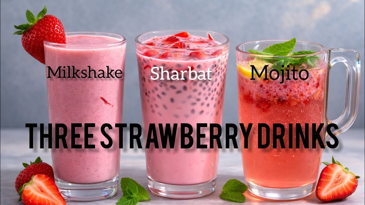 Three Strawberry Drinks 🍓🍓 || Milkshake, Sharbat, Mojito