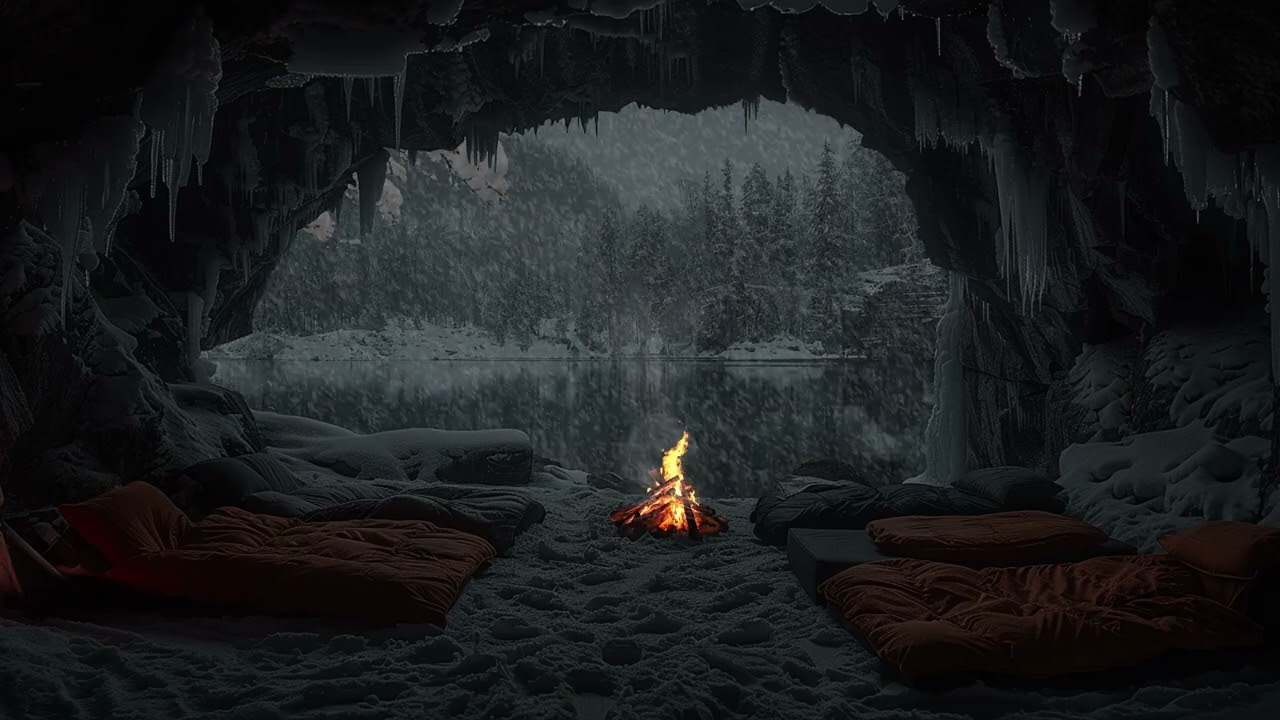 Winter Cave Ambience 😴 Snowstorm, Howling Wind and Fireplace Sounds for Sleeping & Relaxation❄❄