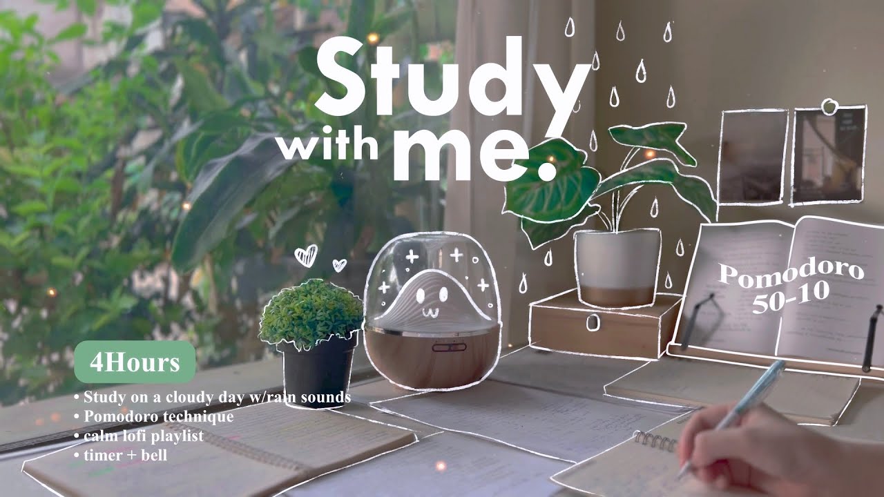4-HOUR 🌧️ Study With Me • Rain sounds☔+ Lofi bgm • Pomodoro 50-10 • Day131🌳