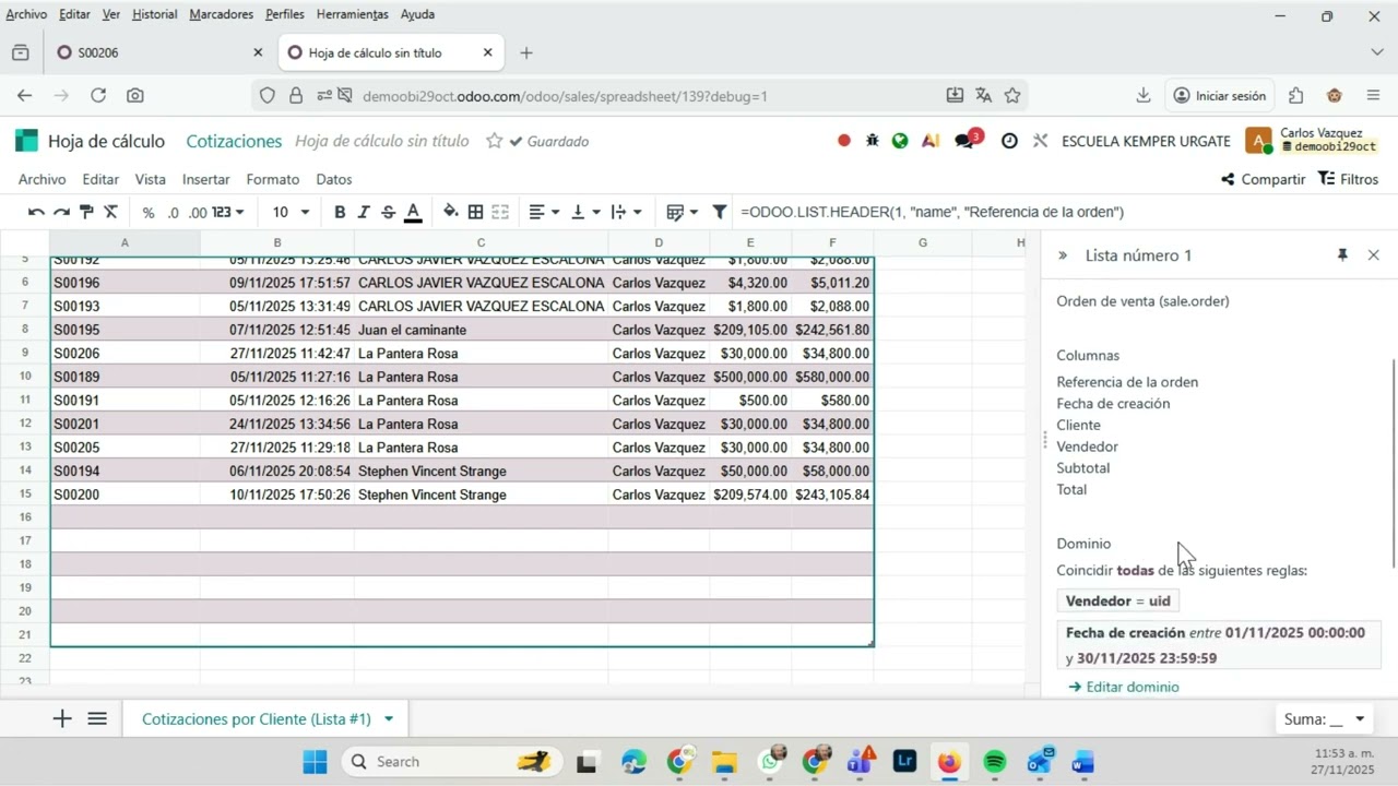 Odoo hoja calculo Listas