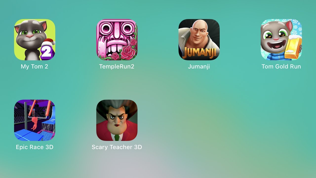 My Talking Tom 2, Temple Run 2, Talking Tom Gold Run, Jumanji, Epic Race 3d, Scary Teacher 3d
