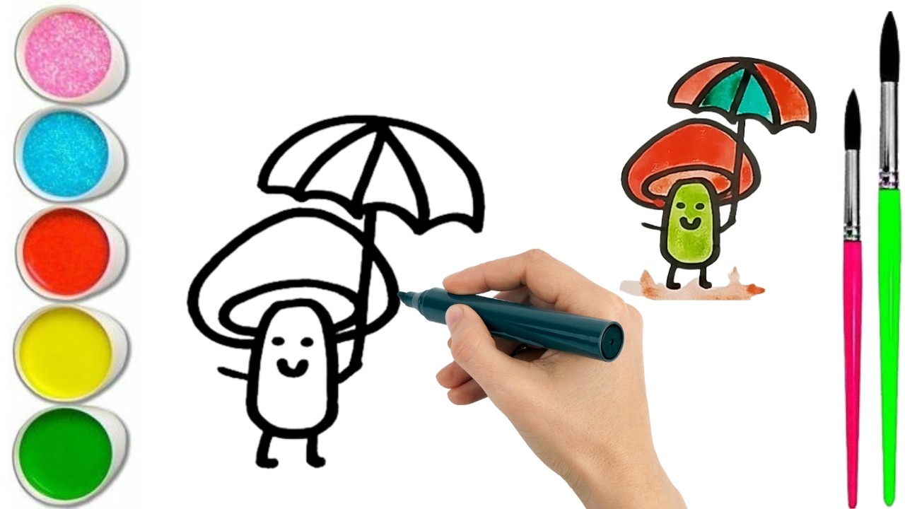 How To Draw mashroom with umbrella cute Drawing, Painting & water Coloring For Kids and Toddlers_🌈🎨