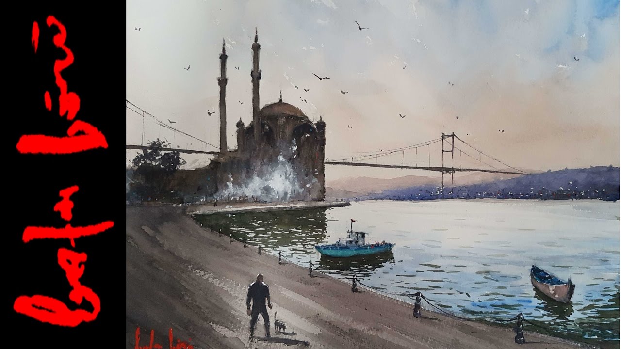 How to Paint Ortakoy Mosque, Istanbul - Ortakoy Mosque Watercolor Painting Demo (Long Version)