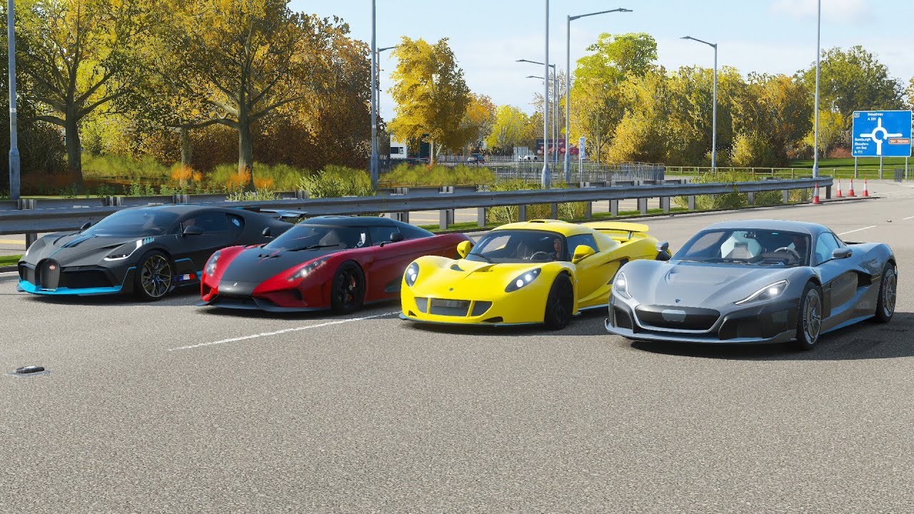 Forza Horizon 4 Drag race: Rimac C2 vs Bugatti Divo vs Regera vs Hennessey Venom GT