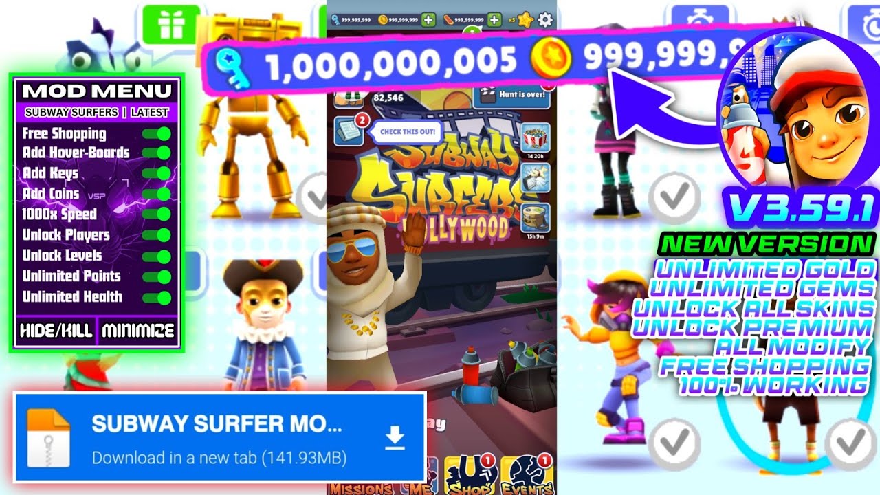 Subway Surfers mod menu v3.59.2 | MOD APK | everything unlocked & unlimited money, key, hoverboards