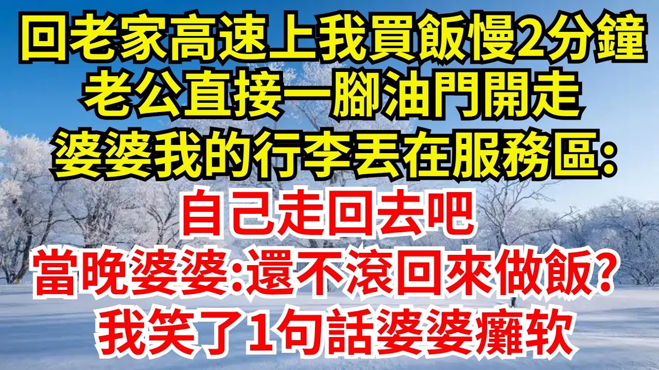 回老家高速上我買飯慢2分鐘，老公直接一腳油門開走，婆婆我的行李丟在服務區:自己走回去吧!當晚婆婆:還不滾回來做飯?我笑了1句話婆婆癱倒全家炸鍋#完結故事#情感故事#爽文#婆媳關系 #女频小说